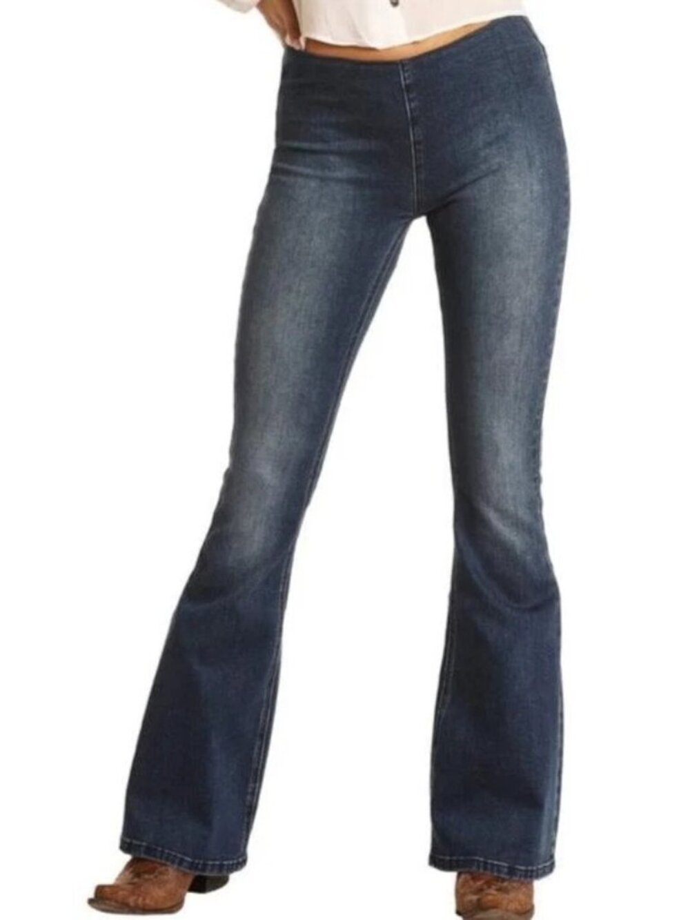 Rock & Roll Denim Womens Bargain Bell Pull-On Flare Jeans 26x30 Blue Stretchy Fi